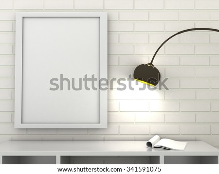 Empty picture frames in classic interior background on the decorative brick wall with wooden floor. Copy space image. 3d render