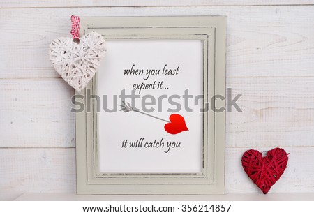 Love and  St Valentine Day background. Picture frame rustic , shabby chic, vintage style and heart shape decoration. Scandinavian style home interior decor.