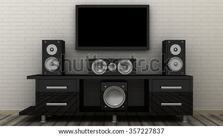 Empty LED TV on television shelf with home theater sound speaker system in modern, classic interior background with white decorative paint wall and concrete floor. Copy space image. 3d render