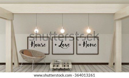 Home, love, family  and happiness concept. Posters in frame Scandinavian style home interior decoration. 3D render