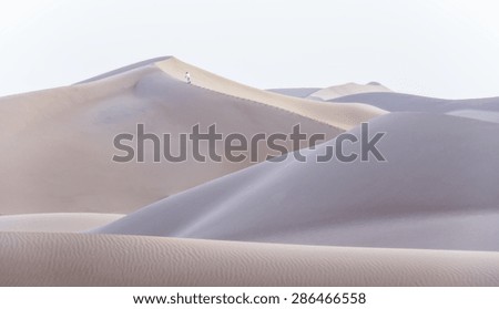 A man climbing a dune in the desert of Chigaga, Morocco