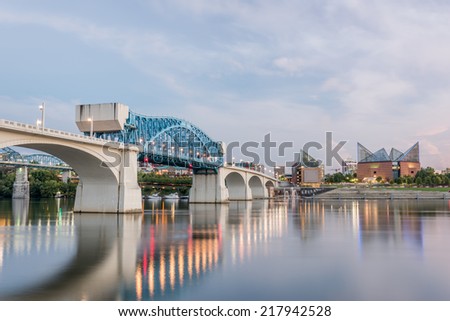 Chattanooga Riverfront at Dusk with reflections of street lights in the water