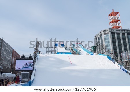 SAPPORO, JAPAN - FEB. 10 : A jump stand for skiing at Sapporo Snow Festival site on February 10, 2013 in Sapporo, Hokkaido, japan. The Festival is held annually at Sapporo Odori Park.
