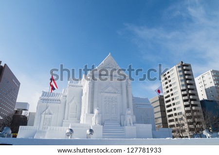 SAPPORO, JAPAN - FEB. 5 : Snow sculpture of Wat Benchamabophit at Sapporo Snow Festival site on February 5, 2013 in Sapporo, Hokkaido, japan. The Festival is held annually at Sapporo Odori Park.