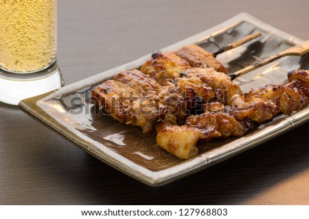 Yakitori, pork belly, grilled chicken, chicken skin and beer