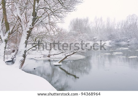 winter river, when it is snowing in afternoon
