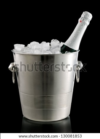 Champagne bottle in a bucket with ice