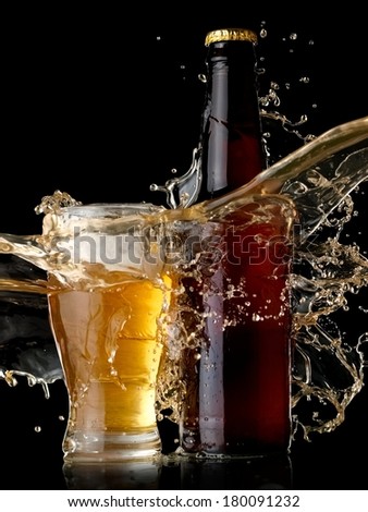 Beer glass and bottle splash