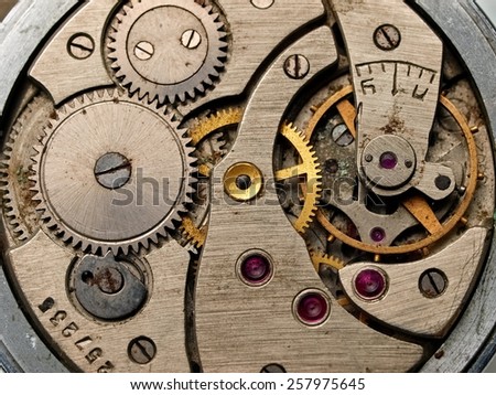 Old pocket watch machinery, close up