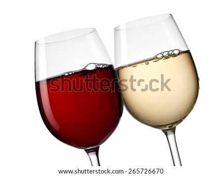 Red and white wine glasses, close up