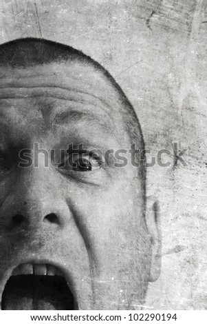 crying man in black and white with grunge texture