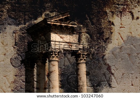 ancient temple ruin on a grunge texture with fragments of a latin text