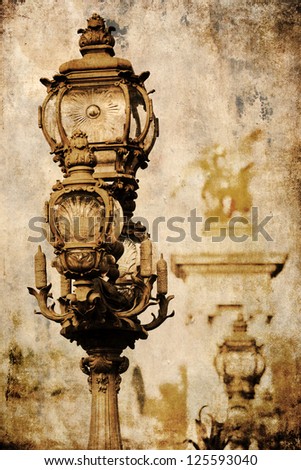 old street lamp on a bridge in paris with grunge texture