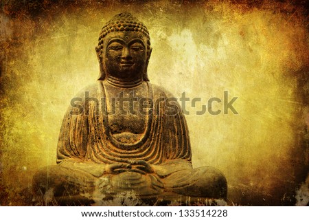 vintage style picture of a sitting Buddha on an attractive grunge background