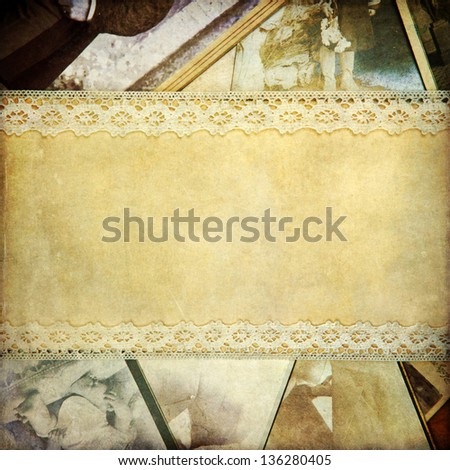 vintage style background picture with old photographs lace ribbons and old paper for copy space