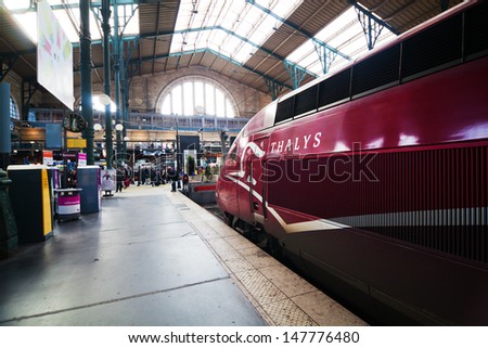 Paris - November 20: The Famous Thalys Train At The Station Gare Du Nord On November 20, 2012 In Paris. The Thalys Is A European High-Speed Train With A Speed Up To 300 Km/H.