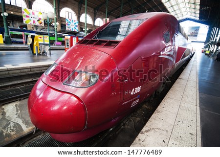 PARIS - NOVEMBER 20: the famous Thalys train at the station Gare du Nord on November 20, 2012 in Paris. The Thalys is a European high-speed train with a speed up to 300 km/h.