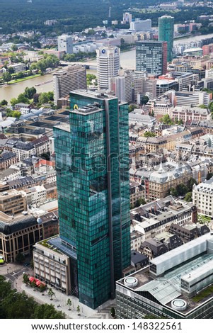 FRANKFURT, GERMANY - JUNE 30: aerial view with the Galileo skyscraper on June 30, 2013 in Frankfurt. The Galileo skyscraper is the head office of the Commerzbank.
