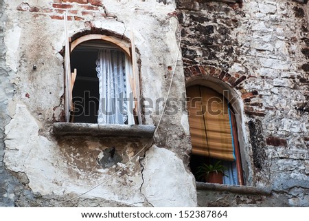 window of an old run down house in the old town of Rovinj, Croatia