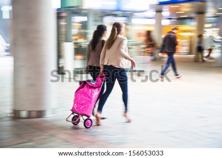 traveling women at a railway station in motion blur
