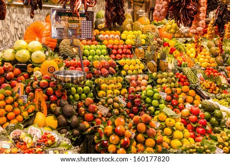 Barcelona, Spain - October 14: Market Stall In The Market Hall La Boqueria On October 14, 2013 In Barcelona. La Boqueria Is A Famous And Historical Market Hall On About 2.600 Square Meters.