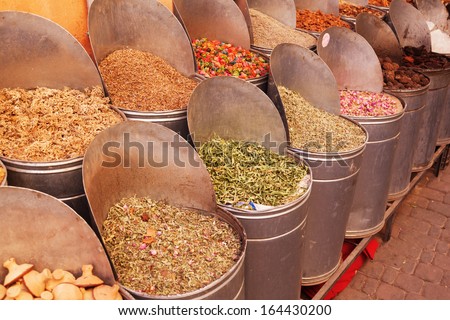 market stall with spices on an oriental market in Marrakesh, Morocco