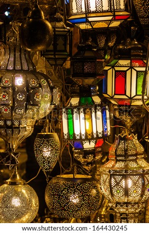 beautiful Arabian lamps at a bazaar in the souks of Marrakesh, Morocco