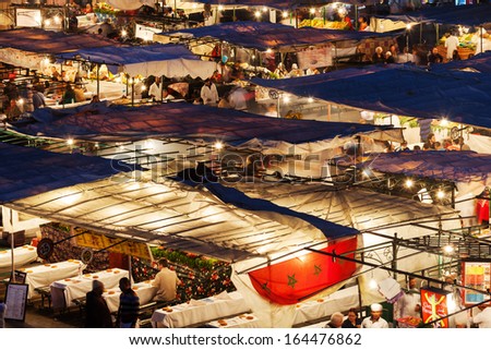 MARRAKESH, MOROCCO - NOVEMBER 15: food stands on the square Djemaa el Fna at night on November 15, 2013 in Marrakesh. The old town of Marrakesh is listed under UNESCO world heritage sites.