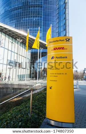 BONN, GERMANY - JANUARY 31: Deutsche Post Tower on January 31, 2014 in Bonn. The Deutsche Post is the world\'s largest courier company and the tower is with 162,5 meters the 11th largest in Germany.