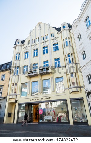 BONN, GERMANY - JANUARY 31: Zara store in a historical building with unidentified person on January 31, 2014 in Bonn. Zara is a world reknown low price textile company. Zara Home has home accessories.