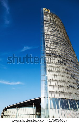 BONN, GERMANY - JANUARY 31: Post Tower on January 31, 2014 in Bonn. It is the headquarter of The Deutsche Post DHL and with 162,5 meters the 11th highest tower in Germany.