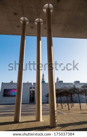 BONN, GERMANY - JANUARY 31: view through columned hall of the art museum to the art and exhibition hall of Germany on January 31, 2014 in Bonn. The highly regarded museums belong to the Museumsmeile