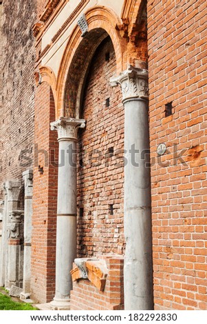 MILAN, ITALY - FEBRUARY 20: old wall inside the Castello Sforzesco on February 20, 2014 in Milan. The castle was built as from 1450 by Francesco I. Sforza. Also Leonardo Da Vinci worked there.