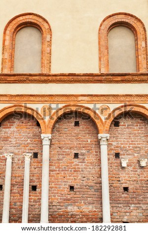 MILAN, ITALY - FEBRUARY 20: old wall inside the Castello Sforzesco on February 20, 2014 in Milan. The castle was built as from 1450 by Francesco I. Sforza. Also Leonardo Da Vinci worked there.