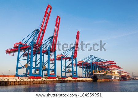 HAMBURG, GERMANY - MARCH 10: container cranes in the harbor on March 10, 2014 in Hamburg. The harbor of Hamburg is the largest sea harbor in Germany and under the 20 largest harbors of the world.