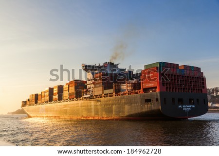 HAMBURG, GERMANY - MARCH 10: APL Southhampton on March 10, 2014 in Hamburg. It is a container ship under the flag of Singapore with 347 m length, 45 m width 128.929 GRT
