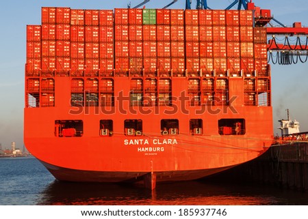 HAMBURG, GERMANY - MARCH 10: Santa Clara of Hamburg Sued on March 10, 2014. Santa Clara was christened 2011, having a container capacity of 7100 TEU with the worldwide largest reefer capacity.