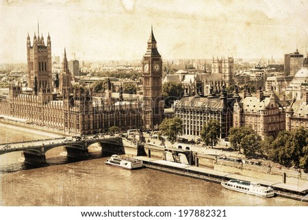 vintage style picture of London in an aerial view