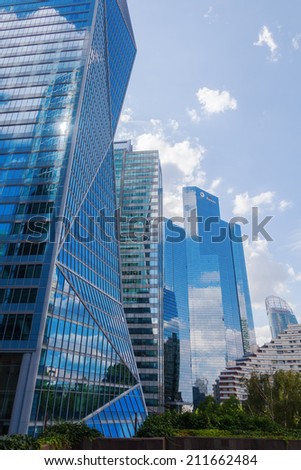 PARIS - AUGUST 05: skyscraper in the district La Defense on August 05, 2014 in Paris. It is Europes largest business district with 560 hectares area 72 glass and steel buildings and skyscrapers