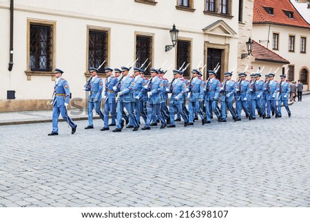 PRAGUE, CZECHIA - SEPTEMBER 03: ceremonial changing of the guard at the Prague Castle on September 03, 2014 in Prague. The Guinness Book of Records lists Prague Castle as worlds largest ancient castle