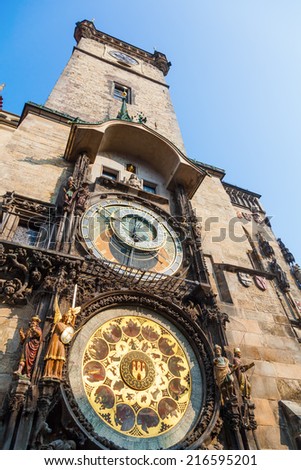 tower of the city hall in Prague, Czechia, with the world famous astronomical clock