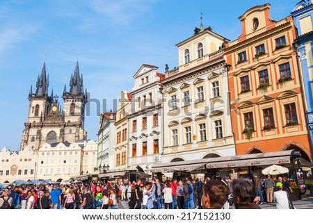PRAGUE, CZECHIA - SEPTEMBER 03: Old Town Square and Church of Our Lady before Tyn with restaurants and unidentified people on September 03, 2014 in Prague. Thecit center is protected by UNESCO