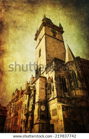 vintage style picture of the Old Town City Hall in the old town of Prague, Czechia