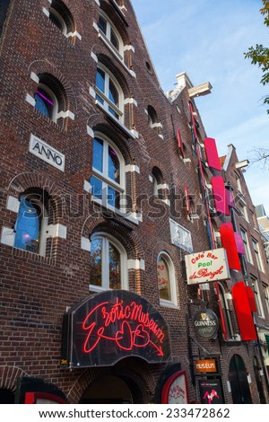 AMSTERDAM, NETHERLANDS - NOVEMBER 13: Erotic Museum in the red light district on November 13, 2014 in Amsterdam. The district is world reknown and a famous attraction for tourists.