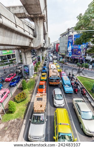 BANGKOK, THAILAND - DECEMBER 11,2014: street scene under the skytrain in Silom district with unidentified people. Bangkok is one of the most important economic and transport centres in South-East Asia