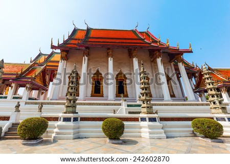 BANGKOK, THAILAND - DECEMBER 12, 2014: temple Wat Suthat that is a royal temple of first grade, one of ten such temples in Bangkok -23 in Thailand-. Construction was begun by King Rama I in 1807