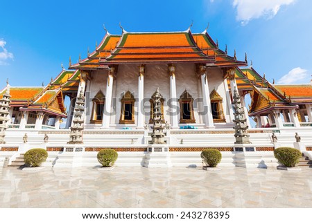 BANGKOK, THAILAND - DECEMBER 10, 2014: temple Wat Suthat that is a royal temple of first grade, one of ten such temples in Bangkok -23 in Thailand-. Construction was begun by King Rama I in 1807