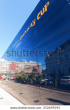 VALENCIA, SPAIN - FEBRUARY 08, 2014: house of the 32. Americas Cup that was held up in the year 2007. It is a trophy awarded to the winner of the America\'s Cup match races between two sailing yachts
