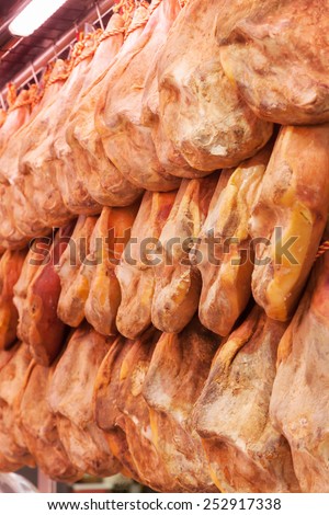 VALENCIA, SPAIN - FEBRUARY 07, 2015: ham at the Central Market -Mercado Central- in Valencia. It is a public market generally considered one of the oldest European markets still running