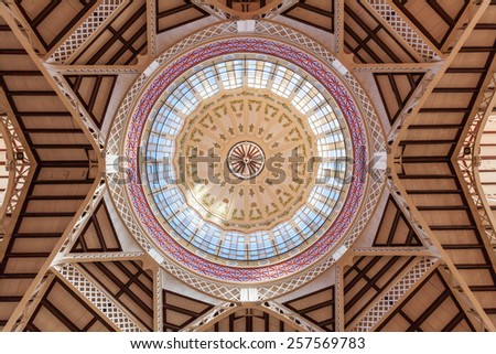 VALENCIA, SPAIN - FEBRUARY 10, 2015: ornamental ceiling of the market hall Mercado Central. Built in architectural style of Modernisme its considered one of the oldest European markets still running